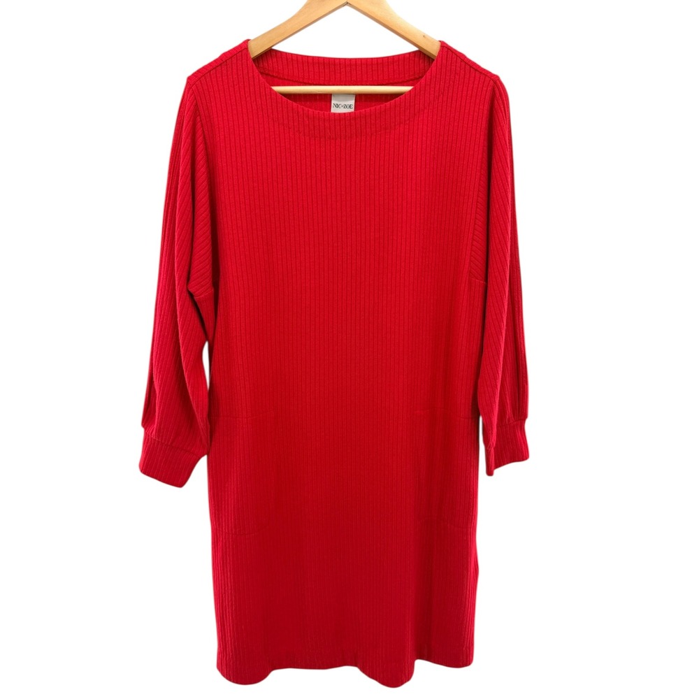NIC+ZOE Pop Red Rib Knit Long Sleeve Casual Shift Sweater Dress Size Medium NWT